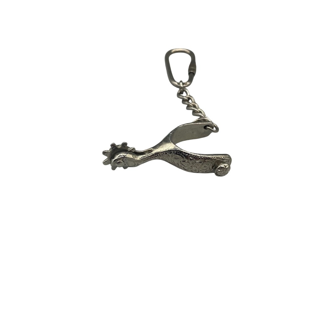 Vintage Silver Tone Western Spur Keychain Spinning Rowel Engraved Cowboy